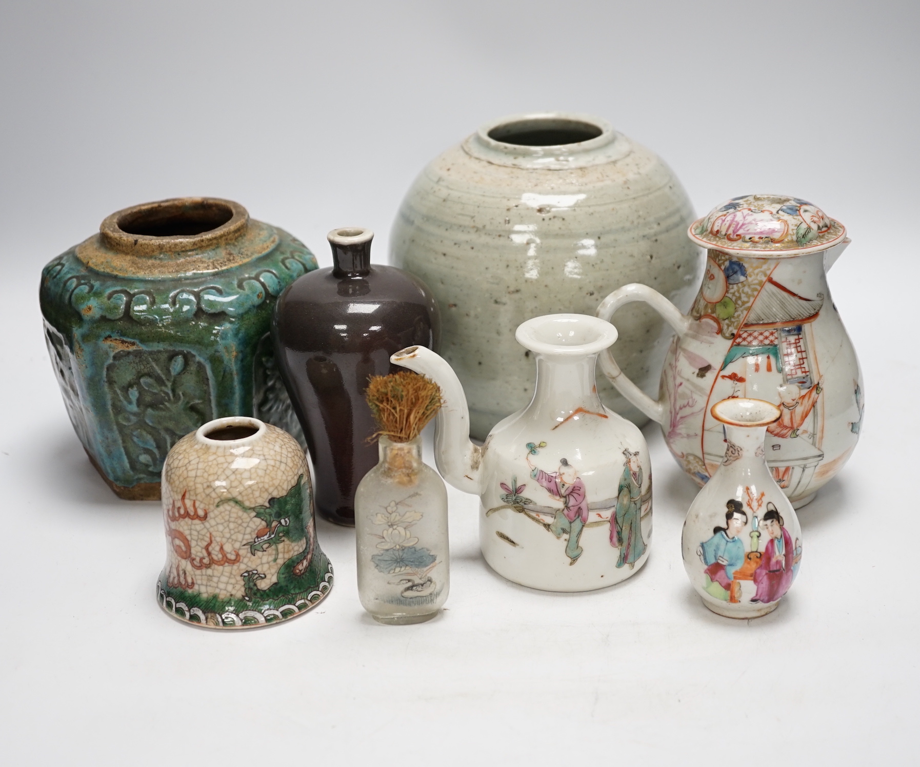 A group of Chinese porcelain etc, 18th century and later (8), including a crackle glaze Dragon water pot, c.1900 and a brown glazed meiping, early 20th century